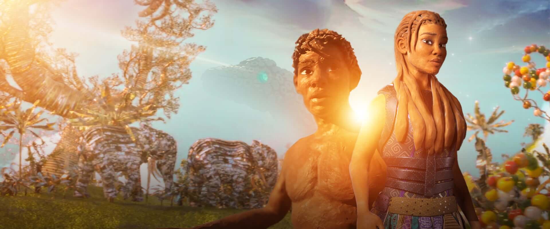 Man and woman: who are Adam and Eve in a scene from the Legacy of Adam that is an animated series about stories from the Bible